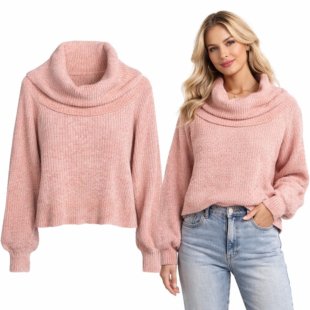 Blush & Bloom Pink Chenille Cowl Neck Sweater | Balloon Sleeve | Size M